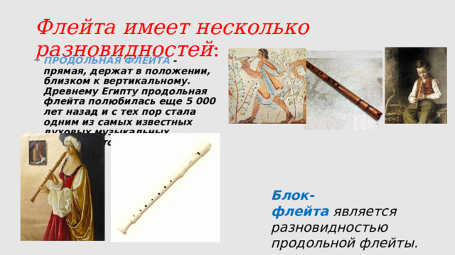 Флейта имеет несколько разновидностей : ПРОДОЛЬНАЯ ФЛЕЙТА - прямая, держат в положении, близком к вертикальному. Древнему Египту продольная флейта полюбилась еще 5 000 лет назад и с тех пор стала одним из самых известных духовых музыкальных инструментов на всем Ближнем Востоке. Блок-флейта  является разновидностью продольной флейты. 