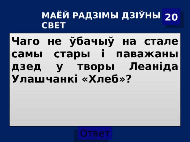 20 МАЁЙ РАДЗІМЫ ДЗІЎНЫ СВЕТ Чаго не ўбачыў на стале самы стары і паважаны дзед у творы Леаніда Улашчанкі «Хлеб»? 