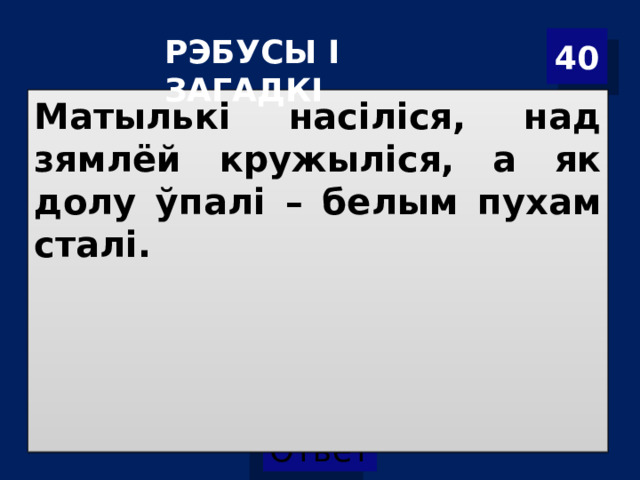 Р ЭБУСЫ І ЗАГАДКІ 40 Матылькі насіліся, над зямлёй кружыліся, а як долу ўпалі – белым пухам сталі. 