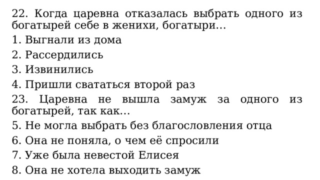 22. Когда царевна отказалась выбрать одного из богатырей себе в женихи, богатыри… Выгнали из дома Рассердились Извинились Пришли свататься второй раз 23. Царевна не вышла замуж за одного из богатырей, так как… Не могла выбрать без благословления отца Она не поняла, о чем её спросили Уже была невестой Елисея Она не хотела выходить замуж 