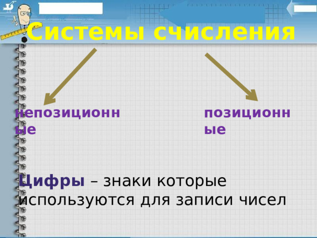 Системы счисления непозиционные позиционные Цифры  – знаки которые используются для записи чисел 