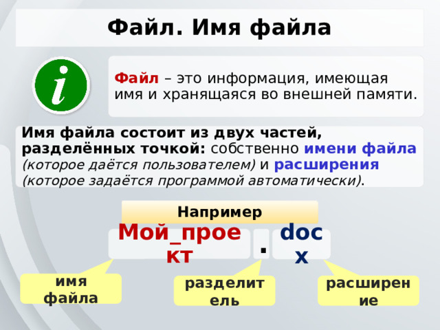 Файл. Имя файла Файл – это информация, имеющая имя и хранящаяся во внешней памяти. Имя файла состоит из двух частей, разделённых точкой: собственно имени файла  (которое даётся пользователем)  и расширения  (которое задаётся программой автоматически) . Например Мой_проект . docx имя файла расширение разделитель 