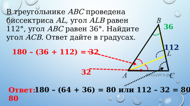 В треугольнике  ABC  проведена биссектриса  AL,  угол  ALB  равен 112°, угол  ABC  равен 36°. Найдите угол  ACB.  Ответ дайте в градусах. 36 112 180 – (36 + 112) = 32 32 180 – (64 + 36) = 80 или 112 – 32 = 80 Ответ: 80 