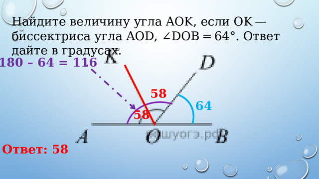 Найдите величину угла AOK, если OK — биссектриса угла AOD, ∠DOB = 64°. Ответ дайте в градусах. 180 – 64 = 116 58 64 58 Ответ: 58 