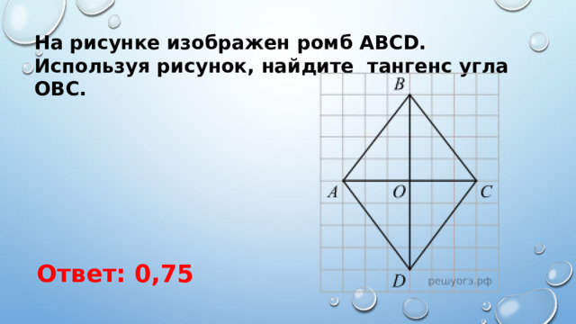 На рисунке изображен ромб ABCD. Используя рисунок, найдите тангенс угла OBC. Ответ: 0,75 