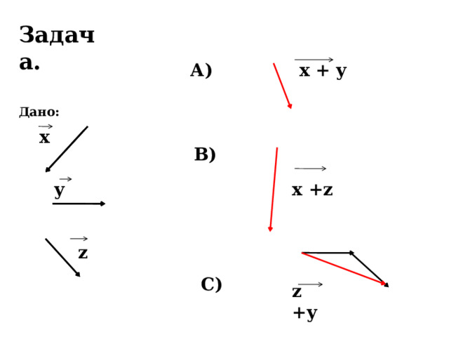 Задача.   Дано:  А) х + y х В) у x +z z C) z +y 