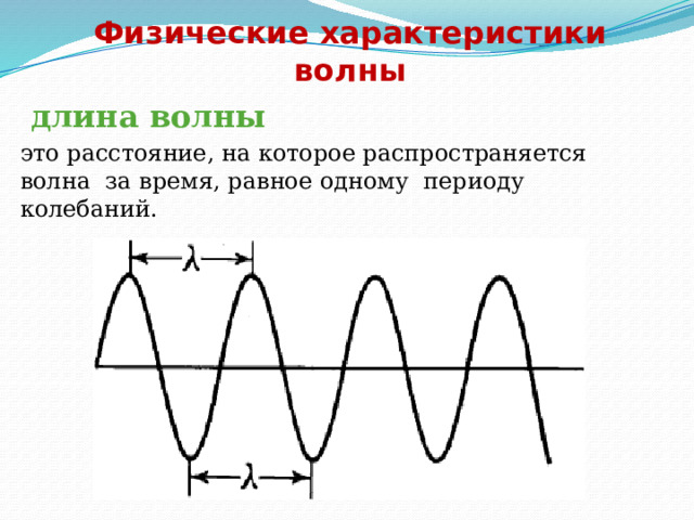 Физические характеристики волны  длина волны это расстояние, на которое распространяется волна за время, равное одному периоду колебаний.  