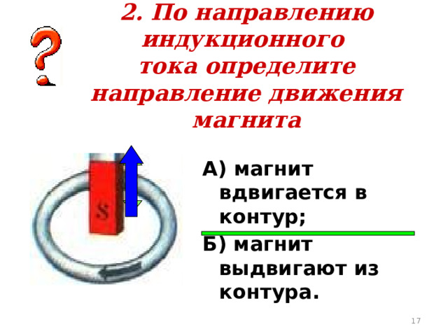 2. По направлению индукционного  тока определите направление движения магнита А) магнит вдвигается в контур; Б) магнит выдвигают из контура.  