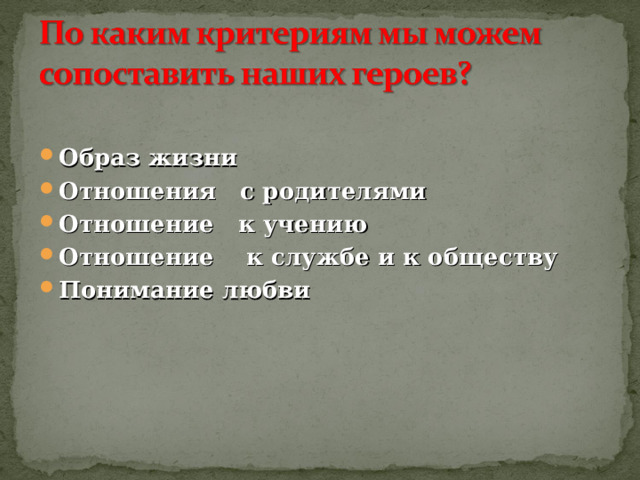 Образ жизни Отношения с родителями Отношение к учению Отношение к службе и к обществу Понимание любви  