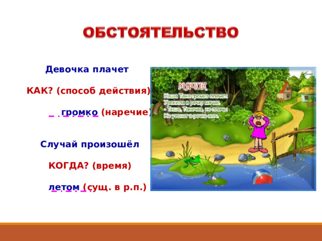 Девочка плачет  КАК? (способ действия)   громко (наречие) Случай произошёл  КОГДА? (время)   летом (сущ. в р.п.) 