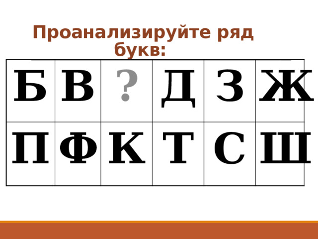 Проанализируйте ряд букв:  Б В П Ф ? Д К Т З Ж С Ш 