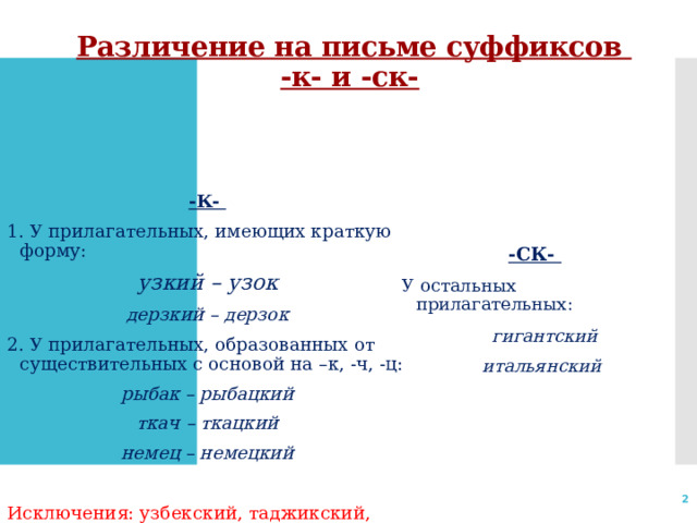  Различение на письме суффиксов  -к- и -ск- -К- 1. У прилагательных, имеющих краткую форму: узкий – узок дерзкий – дерзок 2. У прилагательных, образованных от существительных с основой на –к, -ч, -ц: рыбак – рыбацкий ткач – ткацкий немец – немецкий Исключения: узбекский, таджикский, угличский -СК- У остальных прилагательных:  гигантский итальянский   