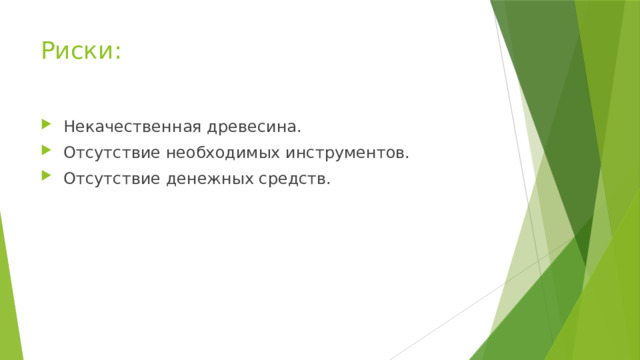 Риски:  Некачественная древесина.  Отсутствие необходимых инструментов.  Отсутствие денежных средств. 