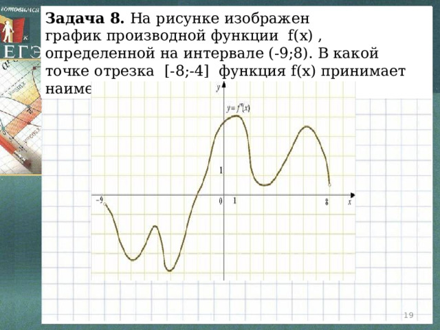 Задача 8. На рисунке изображен график производной функции f(x) , определенной на интервале (-9;8). В какой точке отрезка [-8;-4] функция f(x) принимает наименьшее значение.  