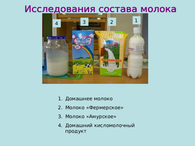 1 3 2 4 Домашнее молоко Молоко «Фермерское» Молоко «Амурское» Домашний кисломолочный продукт 