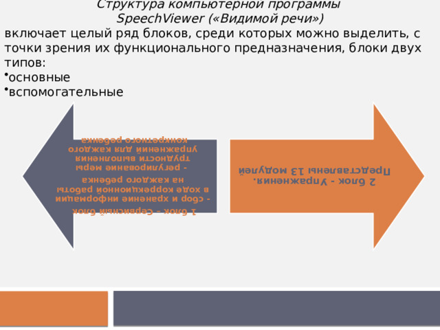 Структура компьютерной программы SpeechViewer («Видимой речи») включает целый ряд блоков, среди которых можно выделить, с точки зрения их функционального предназначения, блоки двух типов: основные вспомогательные 1 блок – Сервисный блок - сбор и хранение информации в ходе коррекционной работы на каждого ребенка 2 блок - Упражнения. Представлены 13 модулей  - регулирование меры трудности выполнения упражнений для каждого конкретного ребенка 