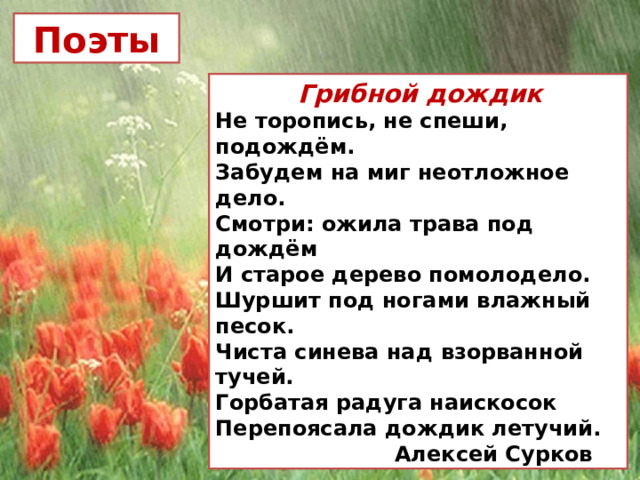  Поэты  Грибной дождик Не торопись, не спеши, подождём.  Забудем на миг неотложное дело.  Смотри: ожила трава под дождём  И старое дерево помолодело. Шуршит под ногами влажный песок.  Чиста синева над взорванной тучей.  Горбатая радуга наискосок  Перепоясала дождик летучий.  Алексей Сурков 