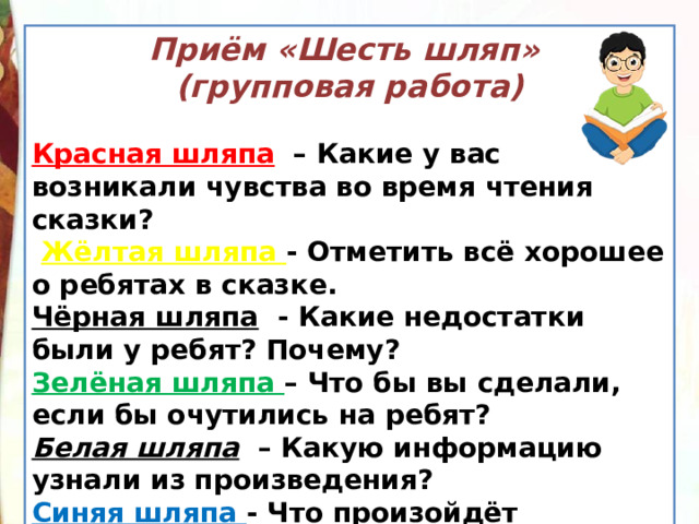 Приём «Шесть шляп» (групповая работа)  Красная шляпа   – Какие у вас возникали чувства во время чтения сказки?   Жёлтая шляпа - Отметить всё хорошее о ребятах в сказке. Чёрная шляпа   - Какие недостатки были у ребят? Почему? Зелёная шляпа – Что бы вы сделали, если бы очутились на ребят? Белая шляпа   – Какую информацию узнали из произведения? Синяя шляпа - Что произойдёт дальше? 