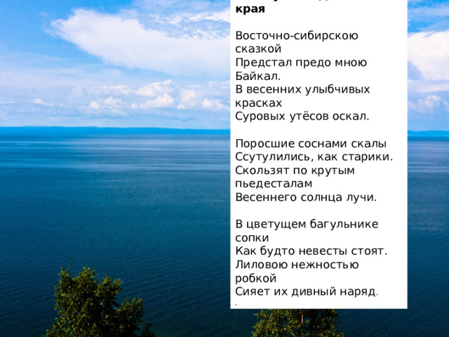 Жемчужина дивного края Восточно-сибирскою сказкой Предстал предо мною Байкал. В весенних улыбчивых красках Суровых утёсов оскал.   Поросшие соснами скалы Ссутулились, как старики. Скользят по крутым пьедесталам Весеннего солнца лучи.   В цветущем багульнике сопки Как будто невесты стоят. Лиловою нежностью робкой Сияет их дивный наряд . . 