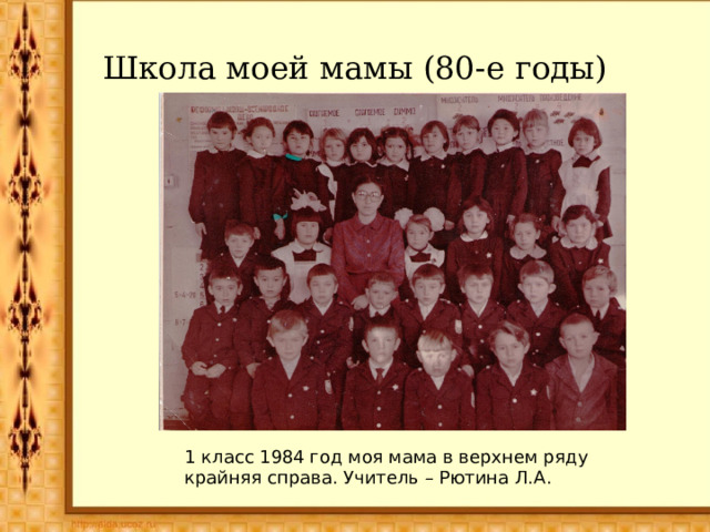 Школа моей мамы (80-е годы) 1 класс 1984 год моя мама в верхнем ряду крайняя справа. Учитель – Рютина Л.А. 