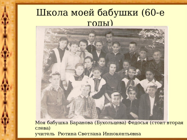 Школа моей бабушки (60-е годы) Моя бабушка Баранова (Бухольцева) Федосья (стоит вторая слева) учитель Рютина Светлана Иннокентьевна 