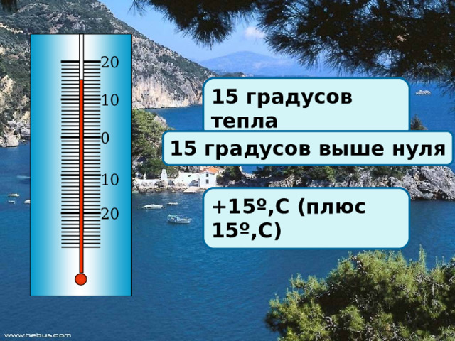 20 15 градусов тепла 10 0 15 градусов выше нуля 10 +15º,С (плюс 15º,С) 20 Опишите показания термометра 2 
