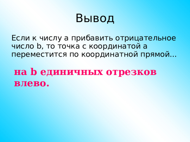 Вывод Если к числу а прибавить отрицательное число b , то точка с координатой а переместится по координатной прямой… на b единичных отрезков влево. 