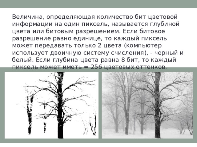 Как называется количество бит приходящихся на кодирование цвета 1 пикселя