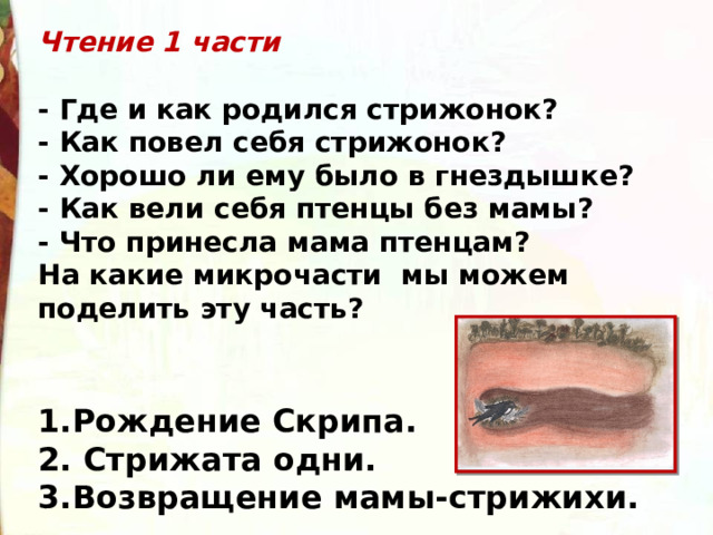 Чтение 1 части  - Где и как родился стрижонок? - Как повел себя стрижонок? - Хорошо ли ему было в гнездышке? - Как вели себя птенцы без мамы? - Что принесла мама птенцам? На какие микрочасти  мы можем поделить эту часть? 1.Рождение Скрипа. 2. Стрижата одни. 3.Возвращение мамы-стрижихи. 