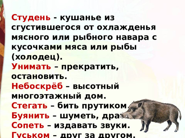 Студень - кушанье из сгустившегося от охлажденья мясного или рыбного навара с кусочками мяса или рыбы (холодец). Унимать – прекратить, остановить. Небоскрёб – высотный многоэтажный дом. Стегать – бить прутиком. Буянить – шуметь, драться. Сопеть – издавать звуки. Гуськом – друг за другом. 