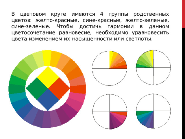В цветовом круге имеются 4 группы родственных цветов: желто-красные, сине-красные, желто-зеленые, сине-зеленые. Чтобы достичь гармонии в данном цветосочетание равновесие, необходимо уравновесить цвета изменением их насыщенности или светлоты. 