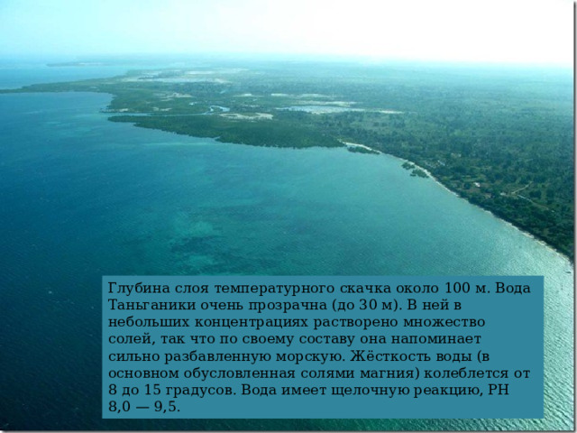 Глубина слоя температурного скачка около 100 м. Вода Таньганики очень прозрачна (до 30 м). В ней в небольших концентрациях растворено множество солей, так что по своему составу она напоминает сильно разбавленную морскую. Жёсткость воды (в основном обусловленная солями магния) колеблется от 8 до 15 градусов. Вода имеет щелочную реакцию, РН 8,0 — 9,5. 