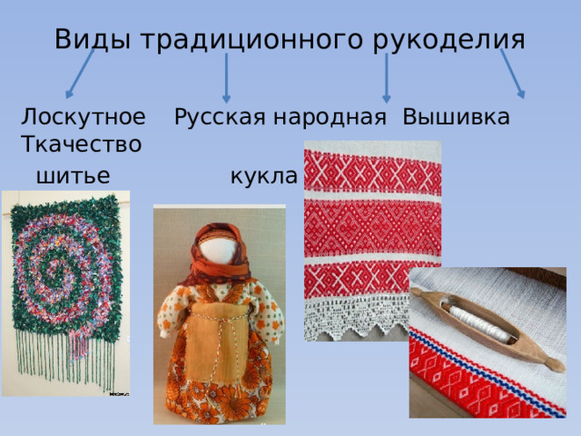 Виды традиционного рукоделия   Лоскутное  Русская народная Вышивка Ткачество  шитье  кукла 