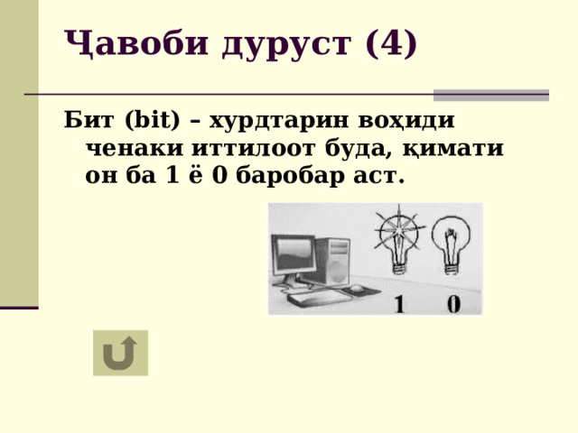 Ҷавоби дуруст (4) Бит (bit) – хурдтарин воҳиди ченаки иттилоот буда, қимати он ба 1 ё 0 баробар аст. 