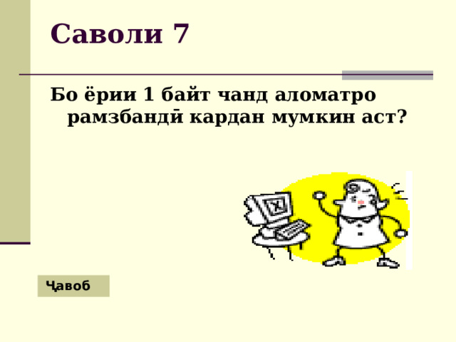 Саволи 7 Бо ёрии 1 байт чанд аломатро рамзбандӣ кардан мумкин аст? Ҷавоб 