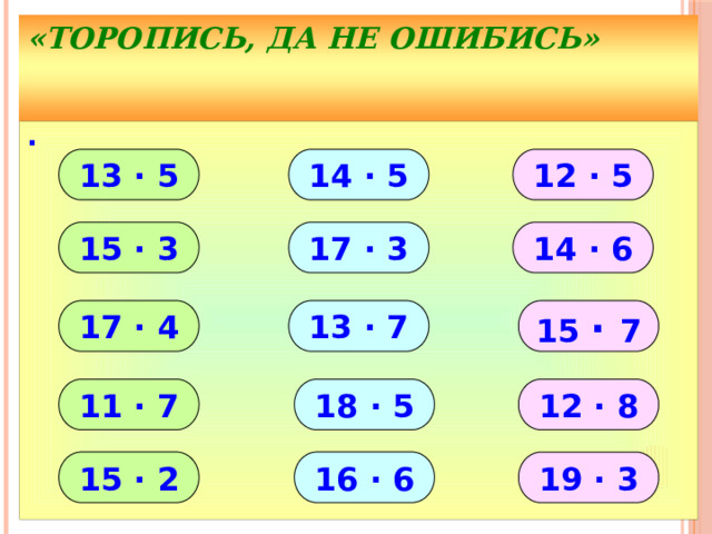 «Торопись, да не ошибись» ∙ 14 ∙ 5 12 ∙ 5 13 ∙ 5 17 ∙ 3 15 ∙ 3 14 ∙ 6 17 ∙ 4 15 ∙ 7 13 ∙ 7 11 ∙ 7 18 ∙ 5 12 ∙ 8 15 ∙ 2 16 ∙ 6 19 ∙ 3 