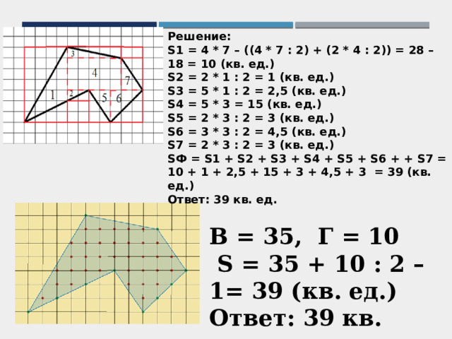 Решение: S1 = 4 * 7 – ((4 * 7 : 2) + (2 * 4 : 2)) = 28 – 18 = 10 (кв. ед.) S2 = 2 * 1 : 2 = 1 (кв. ед.) S3 = 5 * 1 : 2 = 2,5 (кв. ед.) S4 = 5 * 3 = 15 (кв. ед.) S5 = 2 * 3 : 2 = 3 (кв. ед.) S6 = 3 * 3 : 2 = 4,5 (кв. ед.) S7 = 2 * 3 : 2 = 3 (кв. ед.) SФ = S1 + S2 + S3 + S4 + S5 + S6 + + S7 = 10 + 1 + 2,5 + 15 + 3 + 4,5 + 3 = 39 (кв. ед.) Ответ: 39 кв. ед. В = 35, Г = 10  S = 35 + 10 : 2 – 1= 39 (кв. ед.) Ответ: 39 кв. ед. 