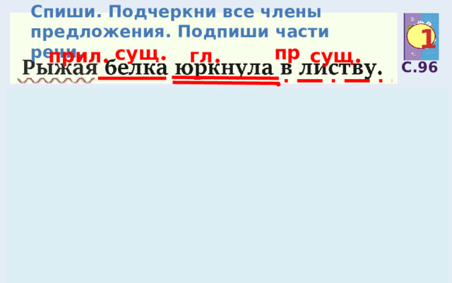 Спиши. Подчеркни все члены предложения. Подпиши части речи. К какому члену предложения поставлен вопрос? Найдите лишний вопрос. 1 сущ . сущ . гл . прил . пр . С.96 5 