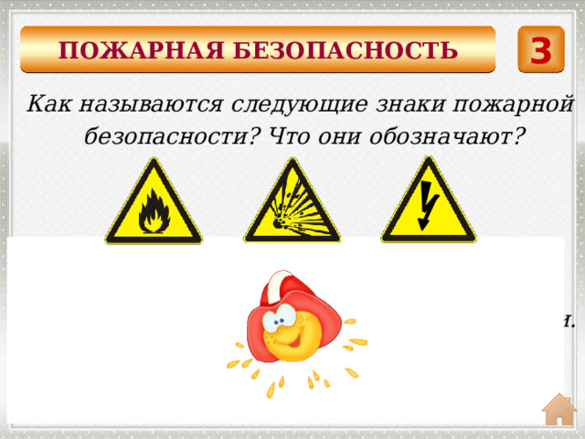 ПОЖАРНАЯ БЕЗОПАСНОСТЬ 3 Как называются следующие знаки пожарной  безопасности? Что они обозначают? Знаки предупреждающие Осторожно! Легковоспламеняющиеся вещи. Осторожно! Опасность взрыва. Осторожно! Электрическое напряжение. 