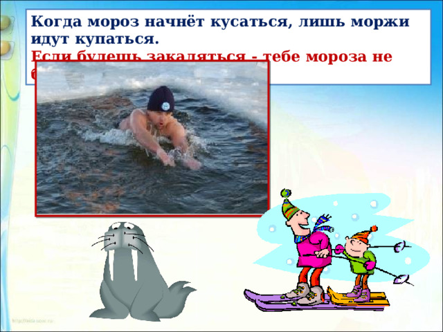 Когда мороз начнёт кусаться, лишь моржи идут купаться. Если будешь закаляться - тебе мороза не бояться .   