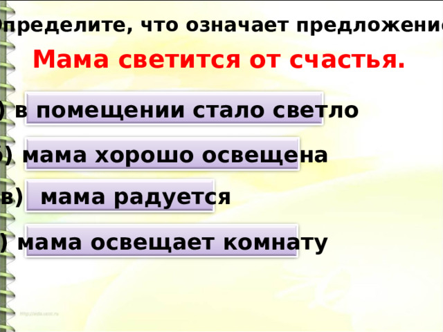 3. Определите, что означает предложение: Мама светится от счастья. а) в помещении стало светло б) мама хорошо освещена в) мама радуется г) мама освещает комнату 