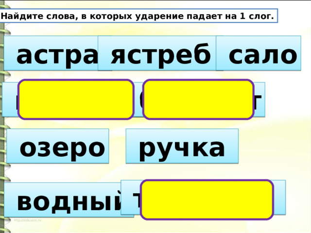 Найдите слова, в которых ударение падает на 1 слог.  астра  ястреб  сало  машина  блокнот  озеро  ручка  тропинка  водный 