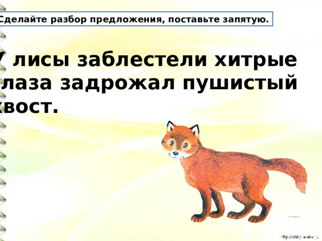 Сделайте разбор предложения, поставьте запятую. У лисы заблестели хитрые глаза задрожал пушистый хвост. 