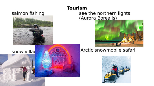 Tourism see the northern lights (Aurora Borealis) salmon fishing  Arctic snowmobile safari snow village 