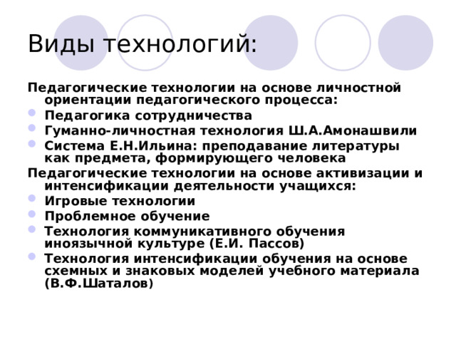 Виды технологий: Педагогические технологии на основе личностной ориентации педагогического процесса: Педагогика сотрудничества Гуманно-личностная технология Ш.А.Амонашвили Система Е.Н.Ильина: преподавание литературы как предмета, формирующего человека Педагогические технологии на основе активизации и интенсификации деятельности учащихся: Игровые технологии Проблемное обучение Технология коммуникативного обучения иноязычной культуре (Е.И. Пассов) Технология интенсификации обучения на основе схемных и знаковых моделей учебного материала (В.Ф.Шаталов )    