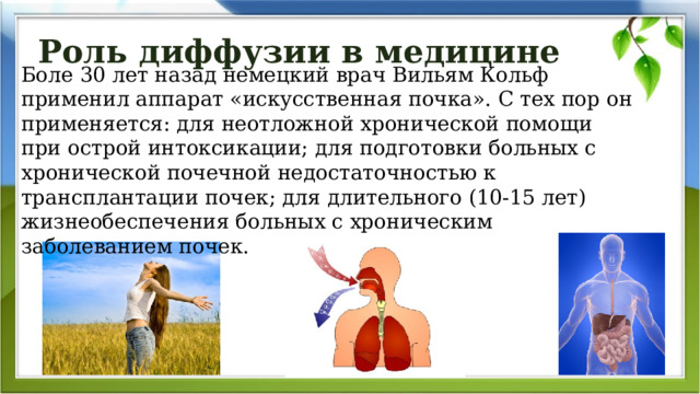 Роль диффузии в медицине Боле 30 лет назад немецкий врач Вильям Кольф применил аппарат «искусственная почка». С тех пор он применяется: для неотложной хронической помощи при острой интоксикации; для подготовки больных с хронической почечной недостаточностью к трансплантации почек; для длительного (10-15 лет) жизнеобеспечения больных с хроническим заболеванием почек. 