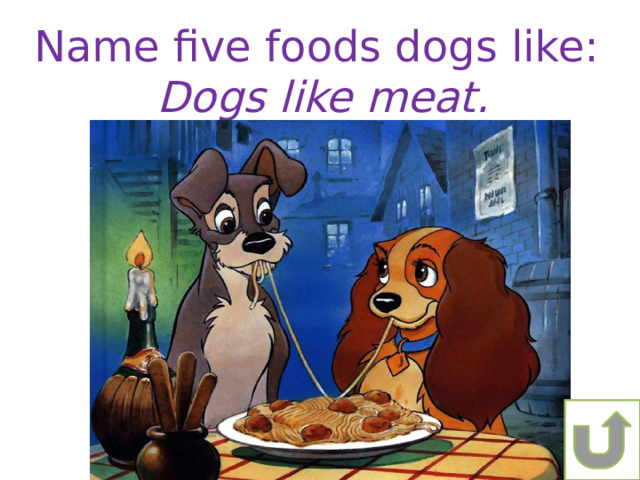 Name five foods dogs like: Dogs like meat. 