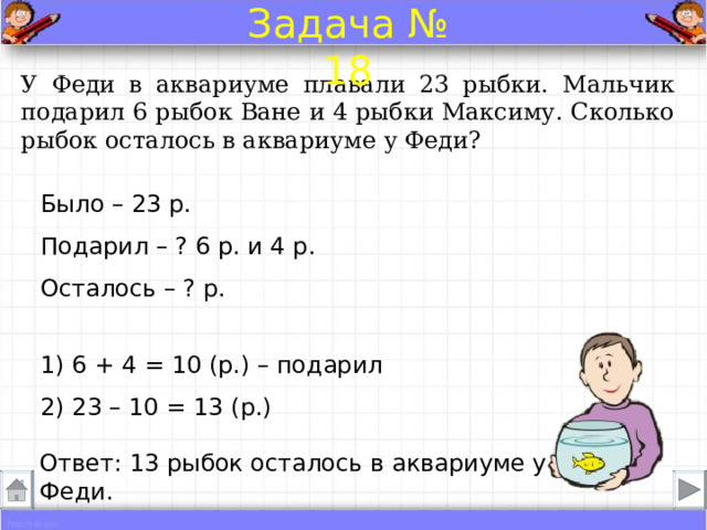 Задача № 18 У Феди в аквариуме плавали 23 рыбки. Мальчик подарил 6 рыбок Ване и 4 рыбки Максиму. Сколько рыбок осталось в аквариуме у Феди? Было – 23 р. Подарил – ? 6 р. и 4 р.  Осталось – ? р. 1) 6 + 4 = 10 (р.) – подарил 2) 23 – 10 = 13 (р.) Ответ: 13 рыбок осталось в аквариуме у Феди . 