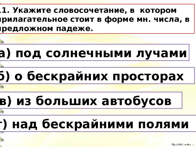 11. Укажите словосочетание, в котором прилагательное стоит в форме мн. числа, в предложном падеже. а) под солнечными лучами б) о бескрайних просторах в) из больших автобусов г) над бескрайними полями 