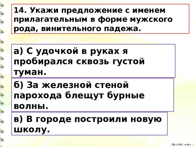14. Укажи предложение с именем прилагательным в форме мужского рода, винительного падежа. а) С удочкой в руках я пробирался сквозь густой туман. б) За железной стеной парохода блещут бурные волны. в ) В городе построили новую школу. 